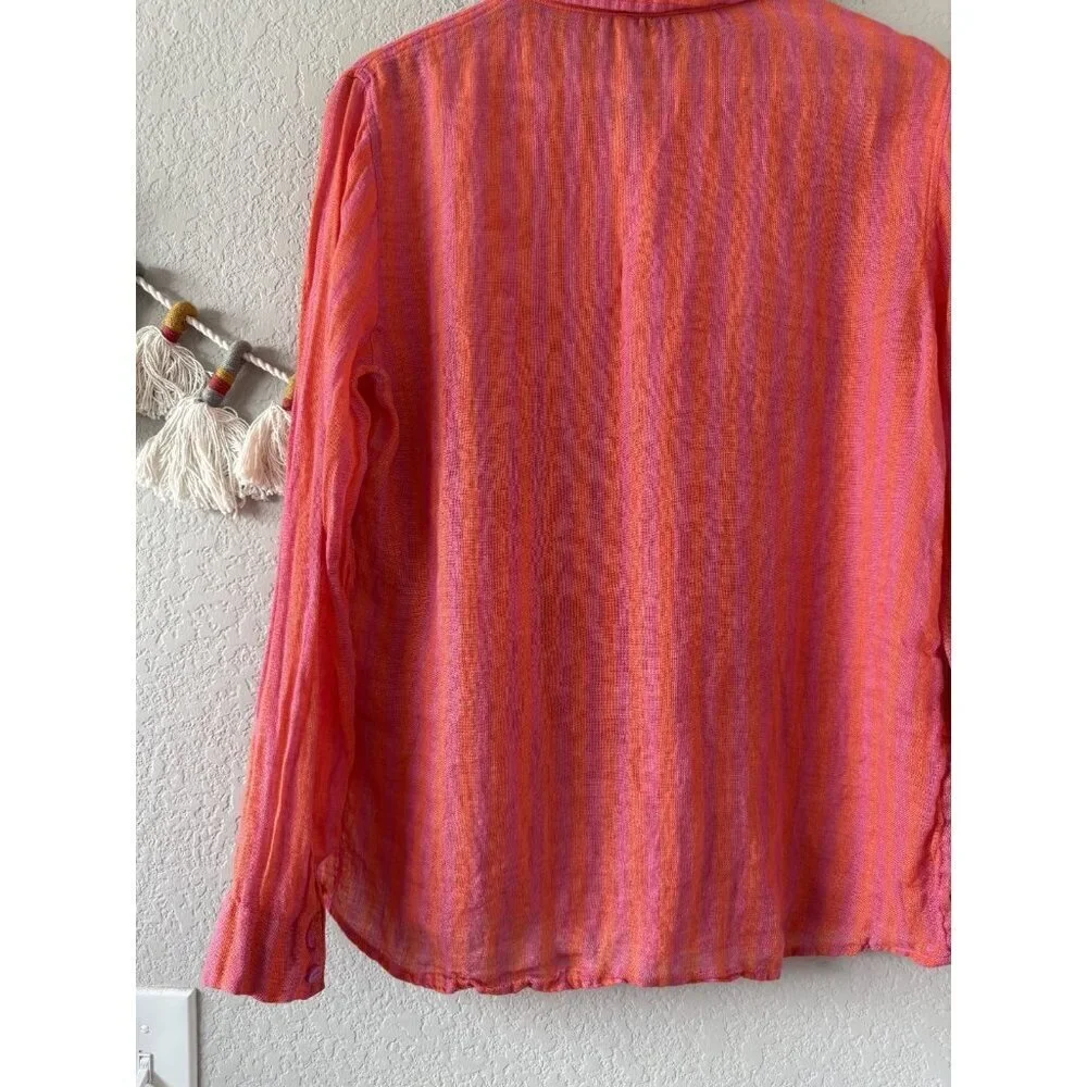 Nicole Miller 100% Linen Pink Orange Striped Button Up Top Beachy Coastal Vacay